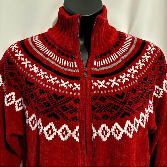 VINTAGE BLAIR FAIR ISLE CHENILLE ZIP MOCK NECK CARDIGAN SWEATER IN RED WINE. 2XL - Picture 2 of 10